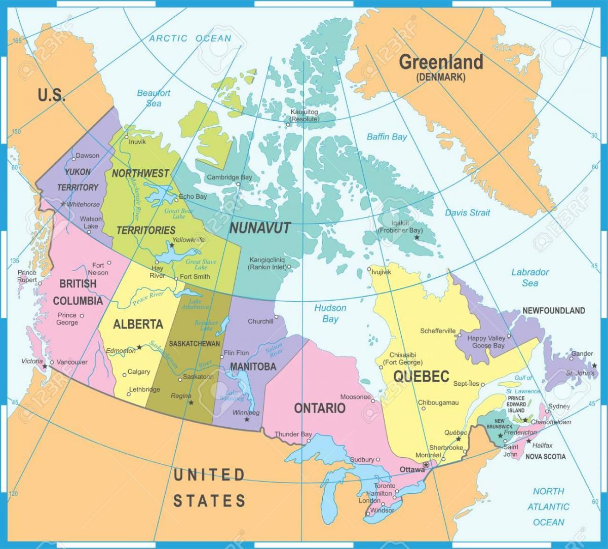 Kaart van Canada en aangrenzende landen